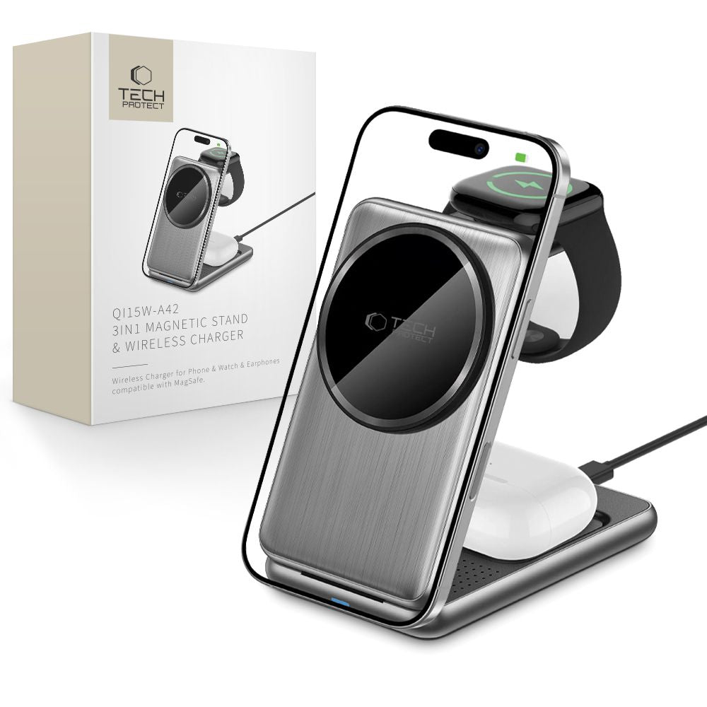 Drahtloses Netzladegerät Tech-Protect A42 3in1, 15W, 1.67A, Grau