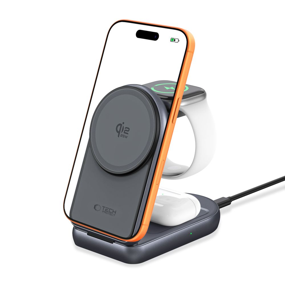 Chargeur Secteur Sans Fil Tech-Protect A53 3en1, 25W, Gris