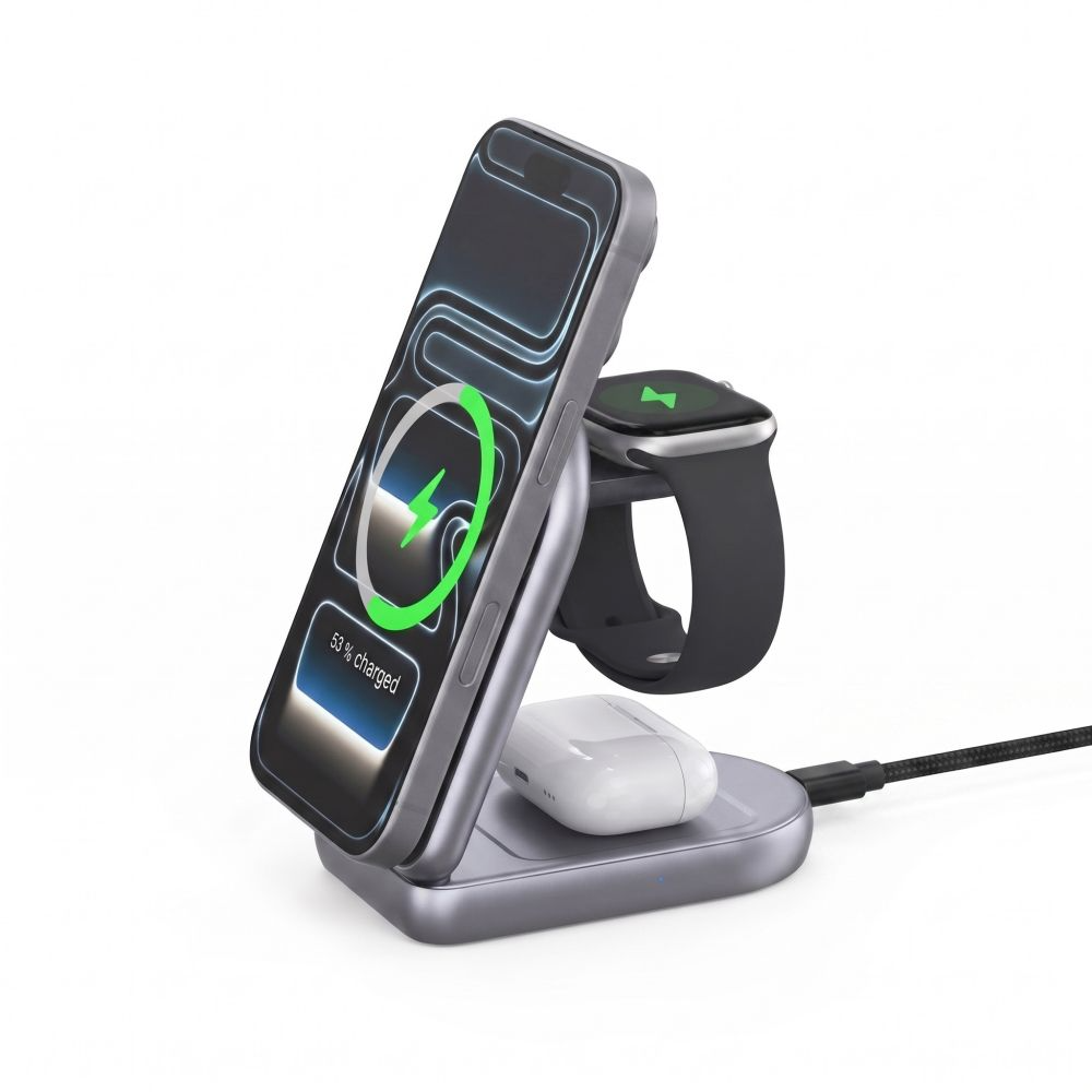 Chargeur Secteur Sans Fil Tech-Protect A53 3en1, 25W, Gris