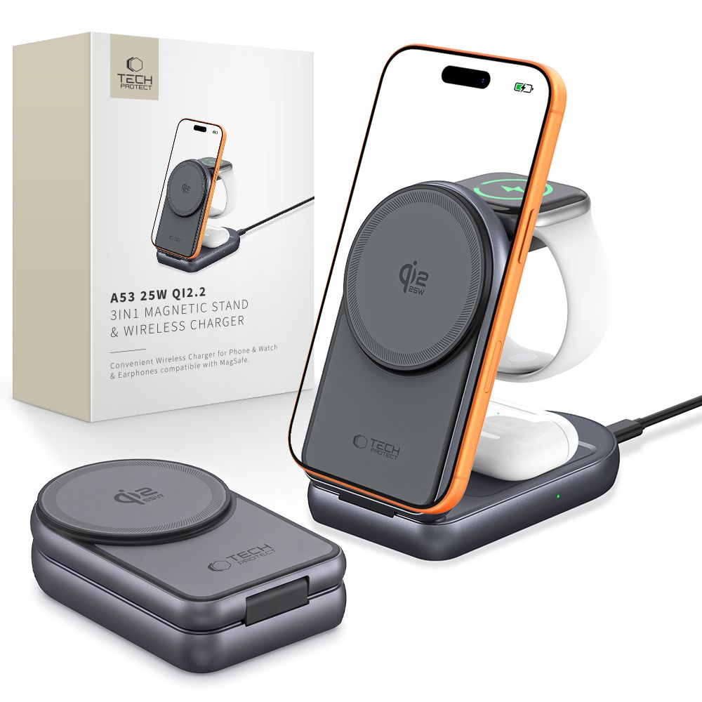 Chargeur Secteur Sans Fil Tech-Protect A53 3en1, 25W, Gris