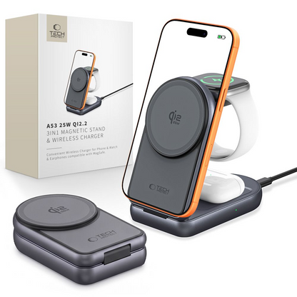 Chargeur Secteur Sans Fil Tech-Protect A53 3en1, 25W, Gris