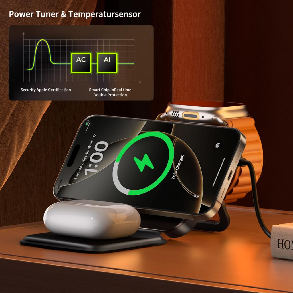 Draadloze Netwerkoplader XO Design CX035 3in1, 15W, 1.67A, Zwart