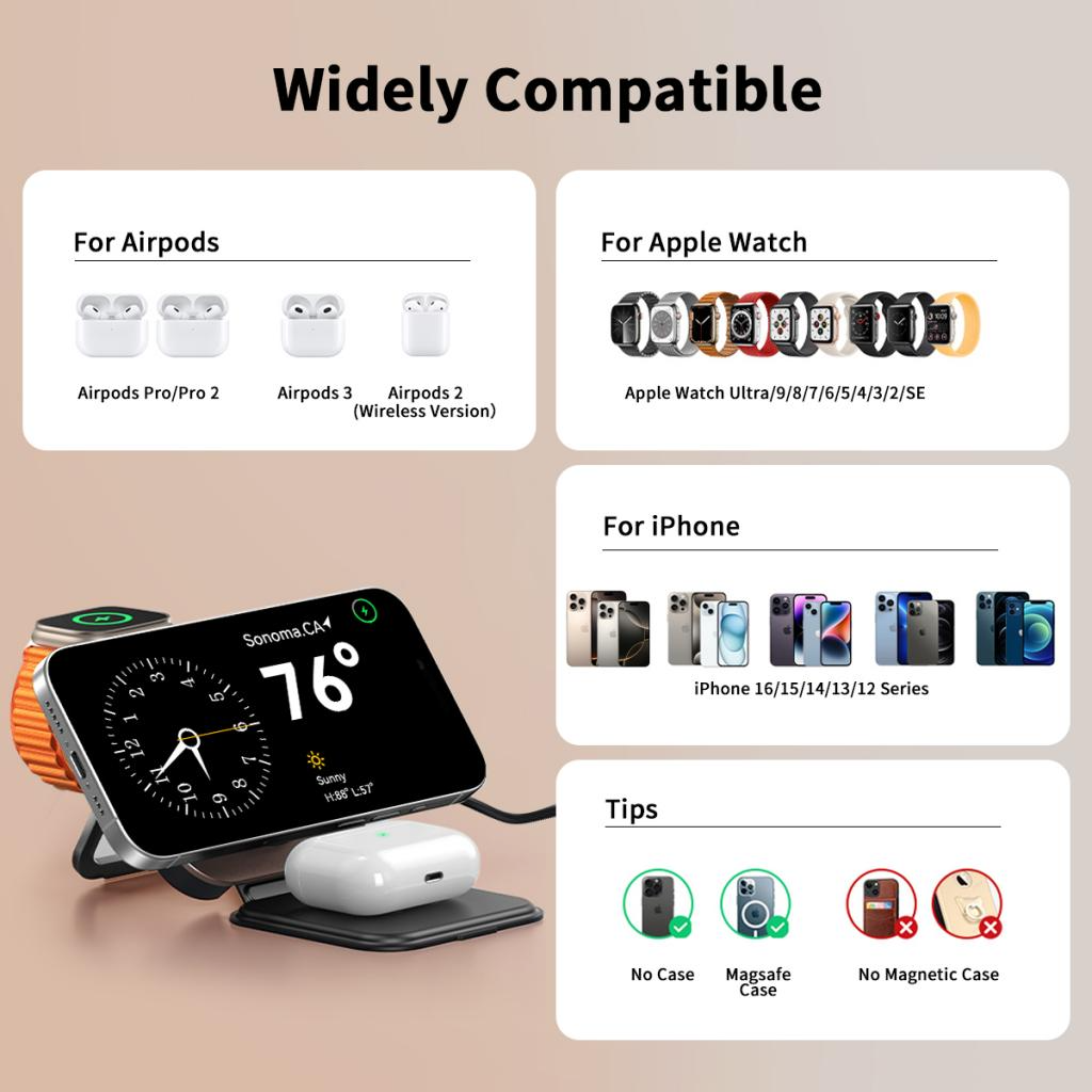 Draadloze Netwerkoplader XO Design CX035 3in1, 15W, 1.67A, Zwart