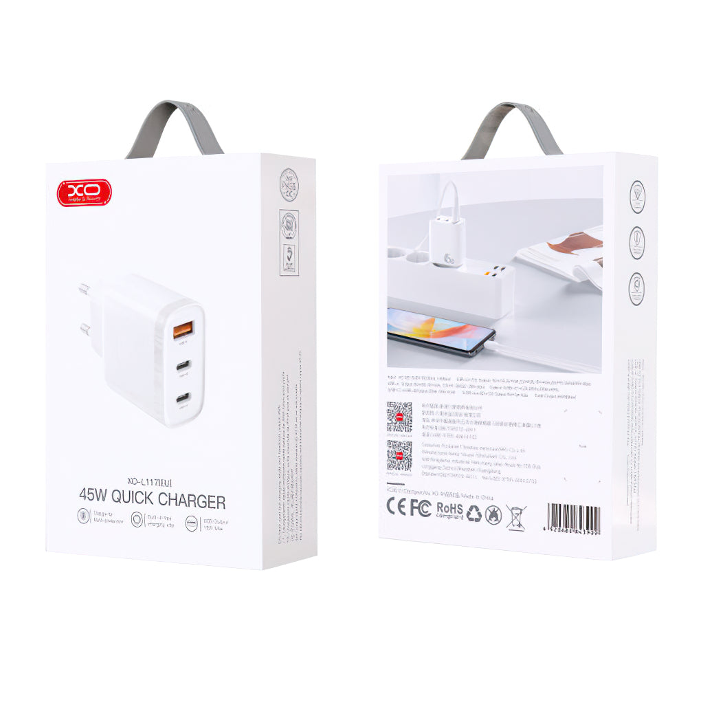 Netwerkoplader XO Design L117, 45W, 3A, 1 x USB-A - 2 x USB-C, Wit 