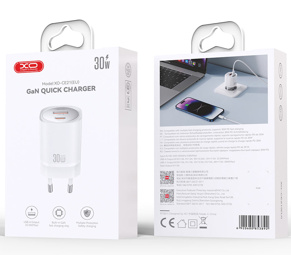 Chargeur Réseau XO Design CE21, 30W, 3A, 1 x USB-A - 1 x USB-C, Blanc