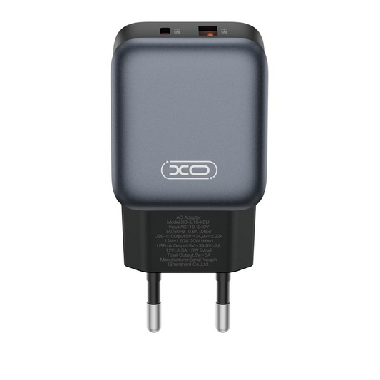 Netzladegerät XO Design L154, 20W, 3A, 1 x USB-A - 1 x USB-C, Schwarz