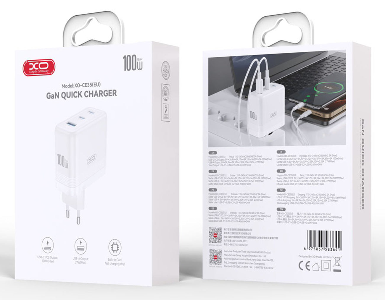 Netzladegerät XO Design CE35, 100W, 5A, 1 x USB-A - 2 x USB-C, Weiß