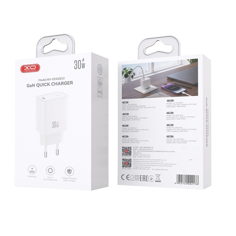 Chargeur secteur XO Design CE53, 30 W, 3 A, 1 x USB-C, blanc