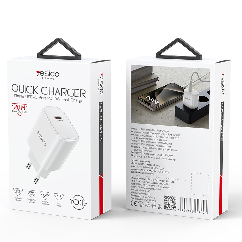 Chargeur réseau Yesido YC01E, 20W, 3A, 1 x USB-C, Blanc