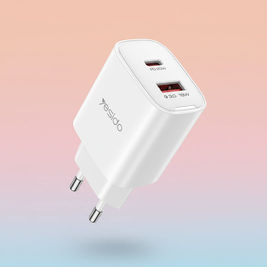 Chargeur réseau Yesido YC02E, 20W, 3A, 1 x USB-A - 1 x USB-C, Blanc