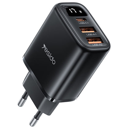 Chargeur Réseau Yesido YC67 Display, 17W, 2.4A, 1 x USB-C - 2 x USB-A, Noir