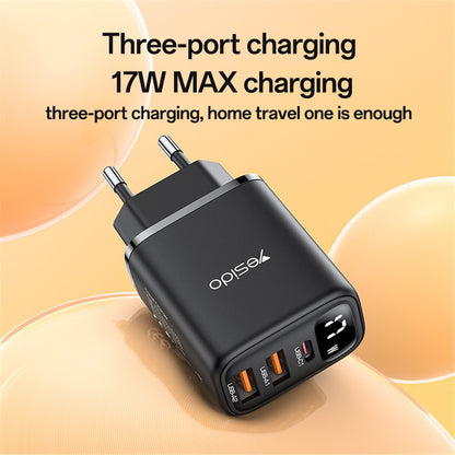 Chargeur Réseau Yesido YC67 Display, 17W, 2.4A, 1 x USB-C - 2 x USB-A, Noir