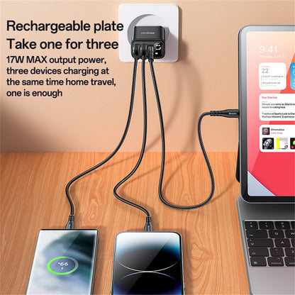 Chargeur Réseau Yesido YC67 Display, 17W, 2.4A, 1 x USB-C - 2 x USB-A, Noir