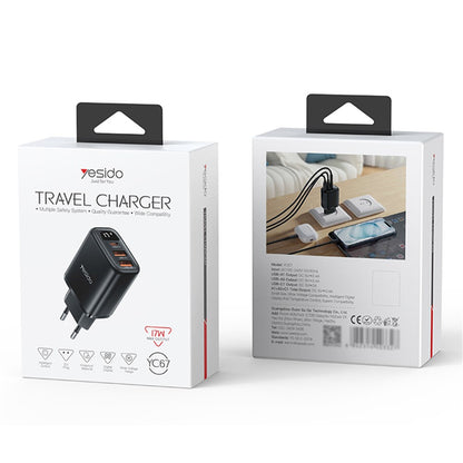 Chargeur Réseau Yesido YC67 Display, 17W, 2.4A, 1 x USB-C - 2 x USB-A, Noir