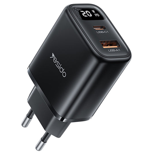 Chargeur Réseau Yesido YC68, Affichage 20W, 3A, 1 x USB-A - 1 x USB-C, Noir