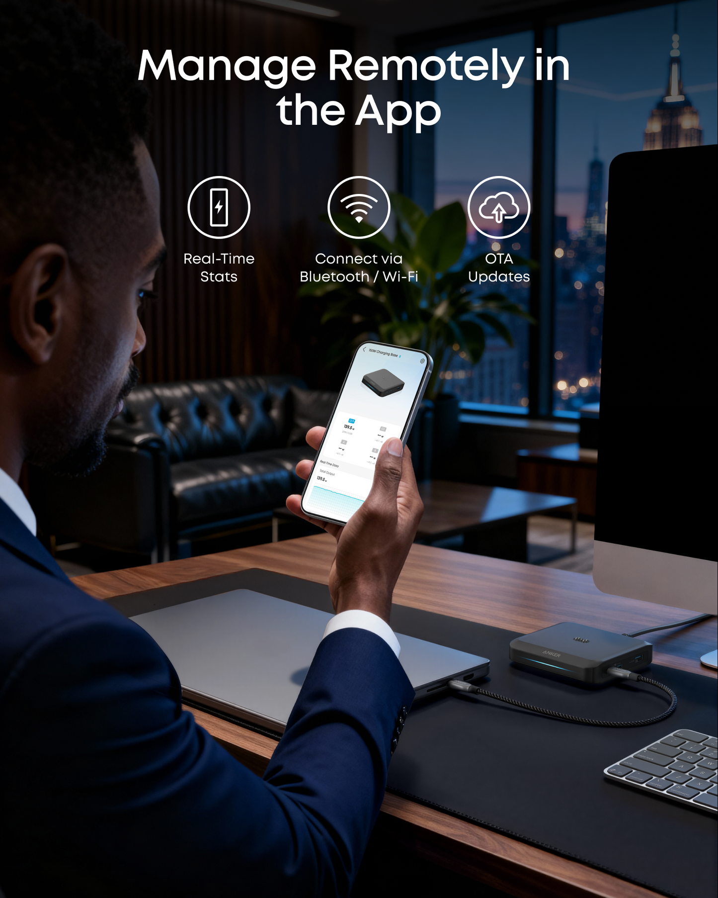 Anker Ladestation für externe Prime Batterie, 150W, 5A, 1 x Pogo Pin - 1 x USB-A - 2 x USB-C, Schwarz A1903G11