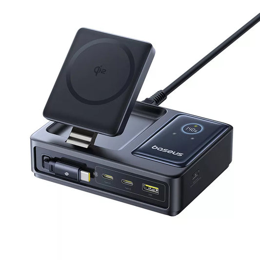 Chargeur Station Baseus Nomos QI 5in1, 140W, 5A, 1 x USB-A - 2 x USB-C, Noir P10178800123-00