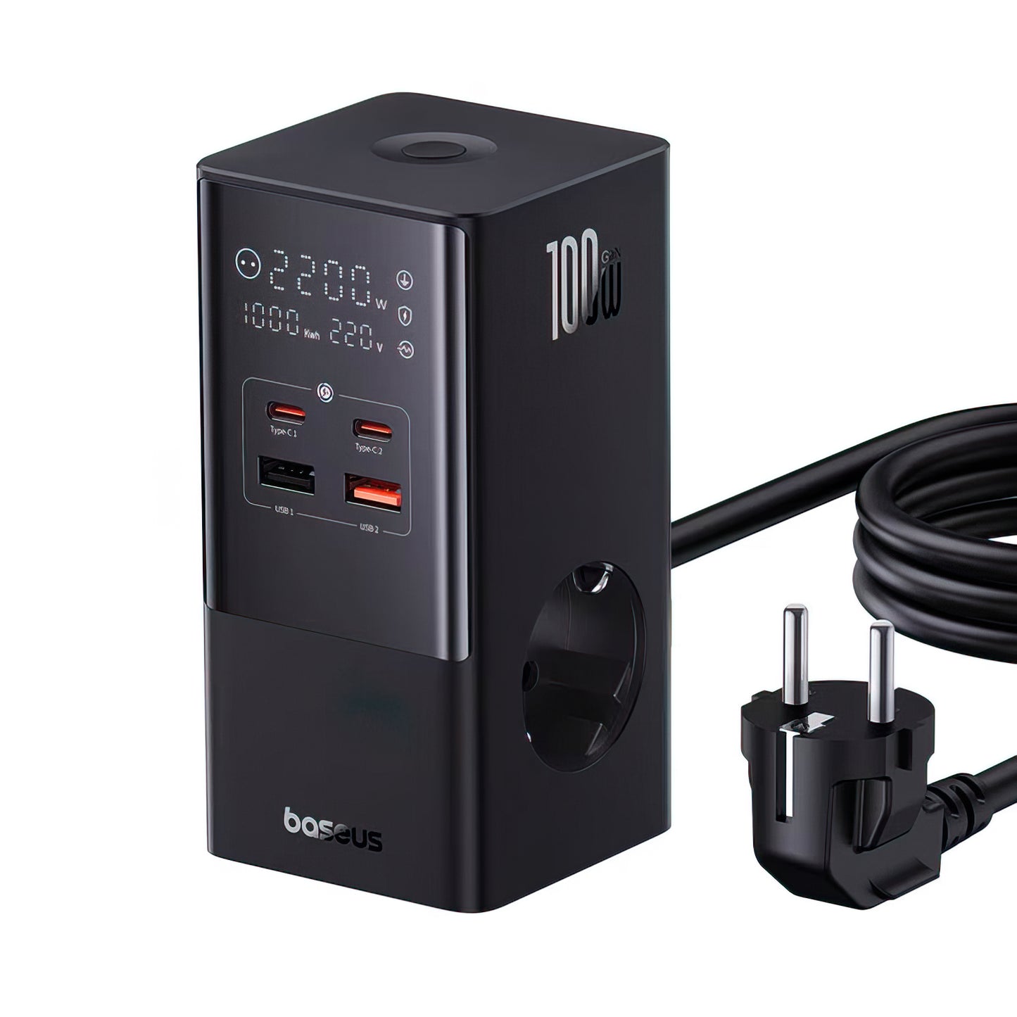Baseus PowerCombo Tower Ladestation, 100W, 5A, 2 x Schuko - 2 x USB-A - 2 x USB-C, Schwarz E00023609113-00