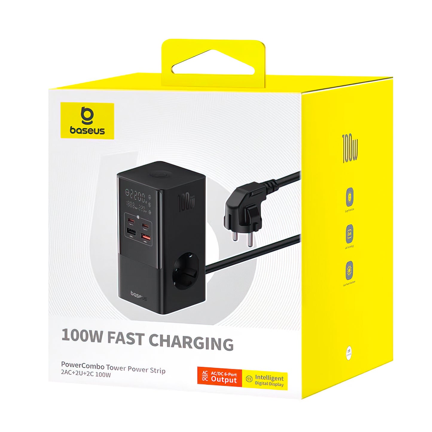 Baseus PowerCombo Tower Ladestation, 100W, 5A, 2 x Schuko - 2 x USB-A - 2 x USB-C, Schwarz E00023609113-00