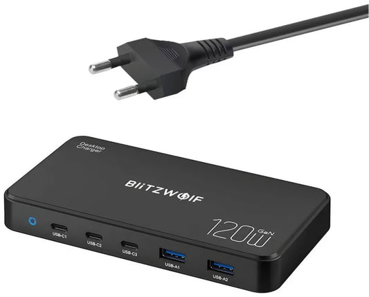 Oplaadstation BlitzWolf BW-i100, 120W, 5A, 2 x USB-A - 3 x USB-C, Zwart