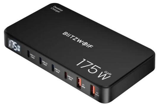 BlitzWolf BW-S30 Oplaadstation, 175W, 5A, 2 x USB-A - 4 x USB-C, Zwart
