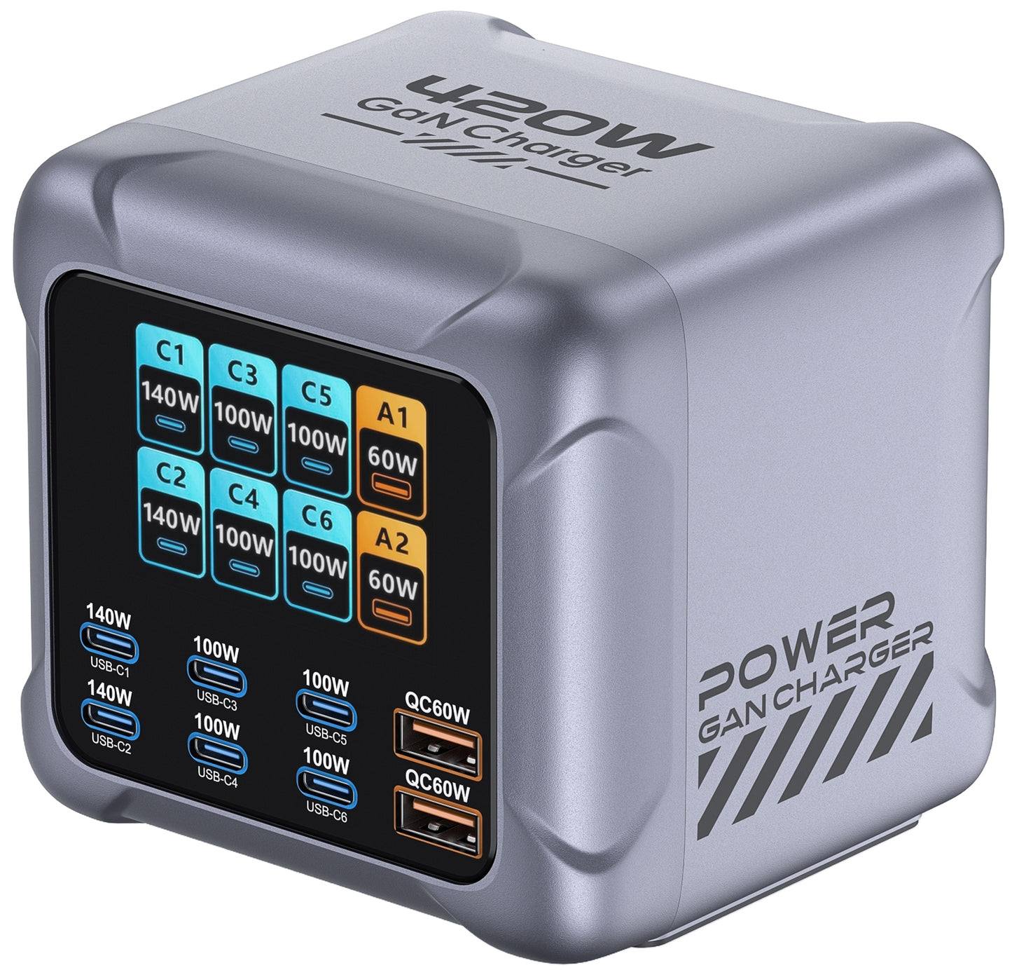 OEM Ladestation Ladegerät BK-126D, 140W, 5A, 2 x USB-A - 6 x USB-C, Grau