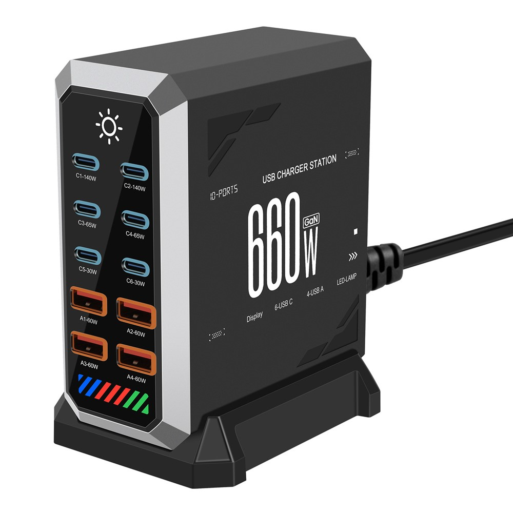 Chargeur Station OEM HW18, 660W, 5A, 4 x USB-A - 6 x USB-C, Noir