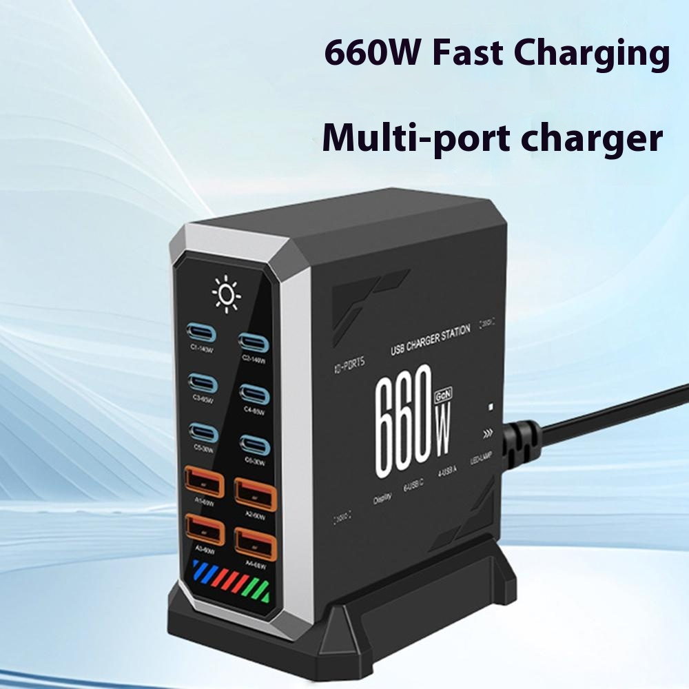 Chargeur Station OEM HW18, 660W, 5A, 4 x USB-A - 6 x USB-C, Noir