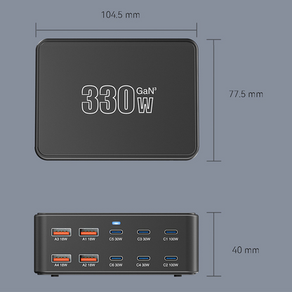 OEM Stationlader HW66, 330W, 5A, 4 x USB-A - 6 x USB-C, Zwart