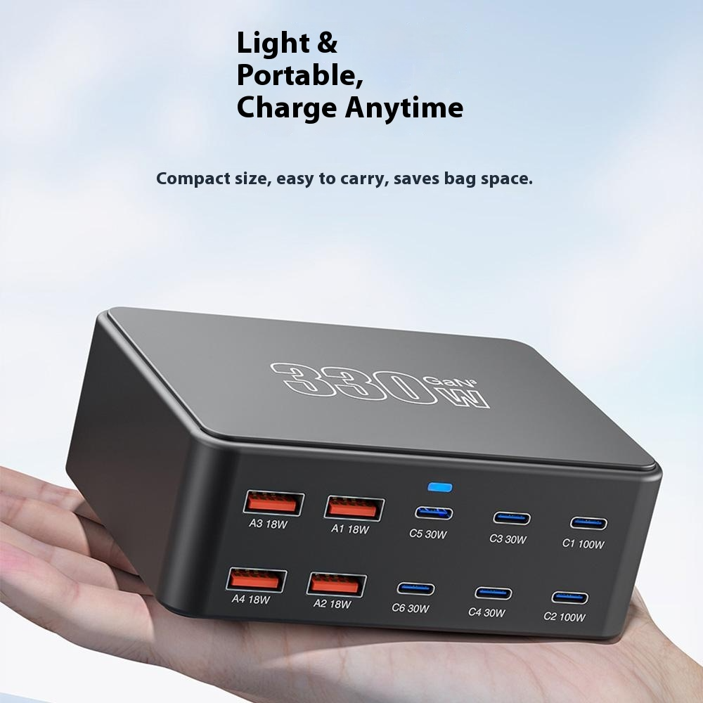 OEM Stationlader HW66, 330W, 5A, 4 x USB-A - 6 x USB-C, Zwart