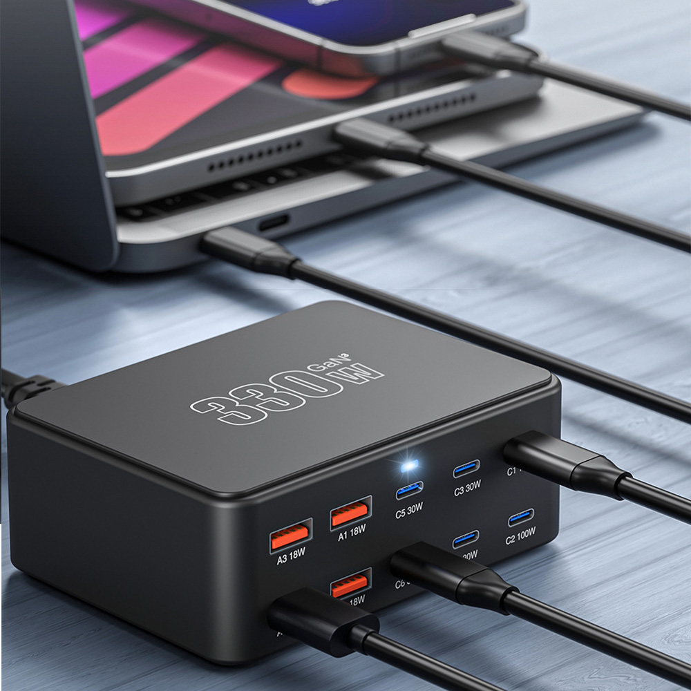 OEM Stationlader HW66, 330W, 5A, 4 x USB-A - 6 x USB-C, Zwart