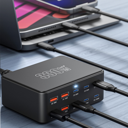 OEM Stationlader HW66, 330W, 5A, 4 x USB-A - 6 x USB-C, Zwart