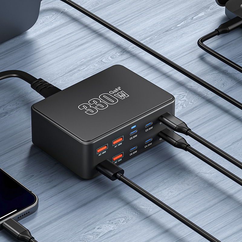 OEM Stationlader HW66, 330W, 5A, 4 x USB-A - 6 x USB-C, Zwart