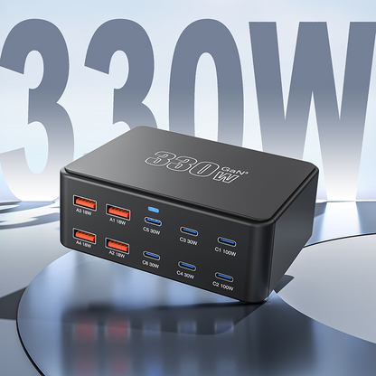 OEM Stationlader HW66, 330W, 5A, 4 x USB-A - 6 x USB-C, Zwart