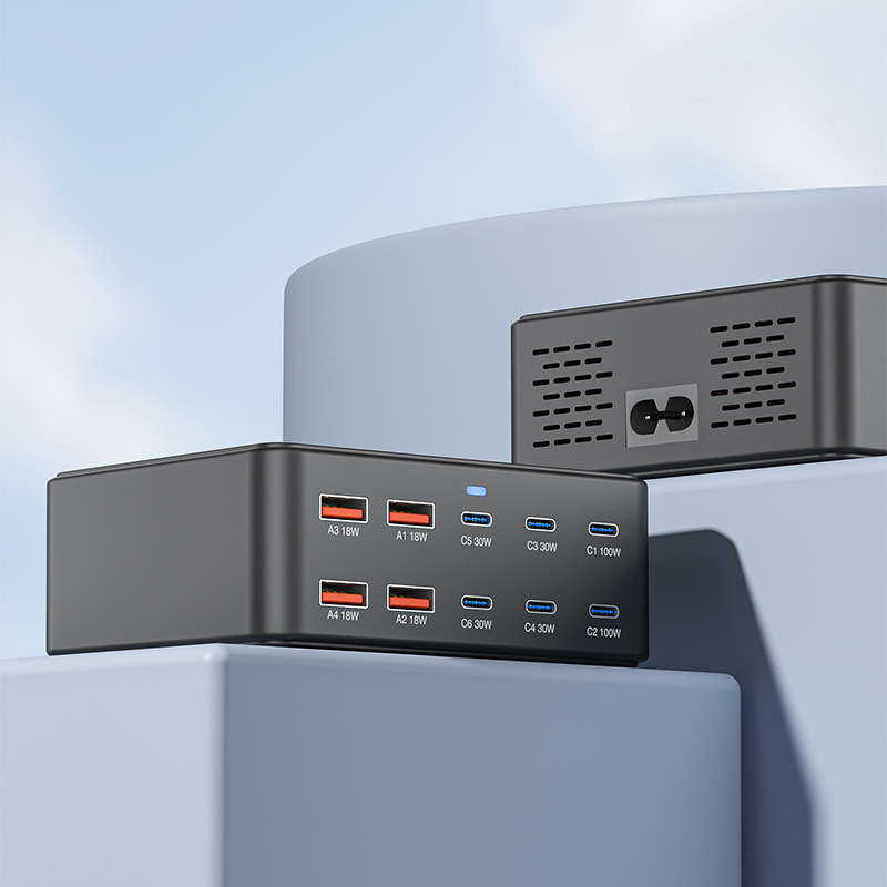 OEM Stationlader HW66, 330W, 5A, 4 x USB-A - 6 x USB-C, Zwart