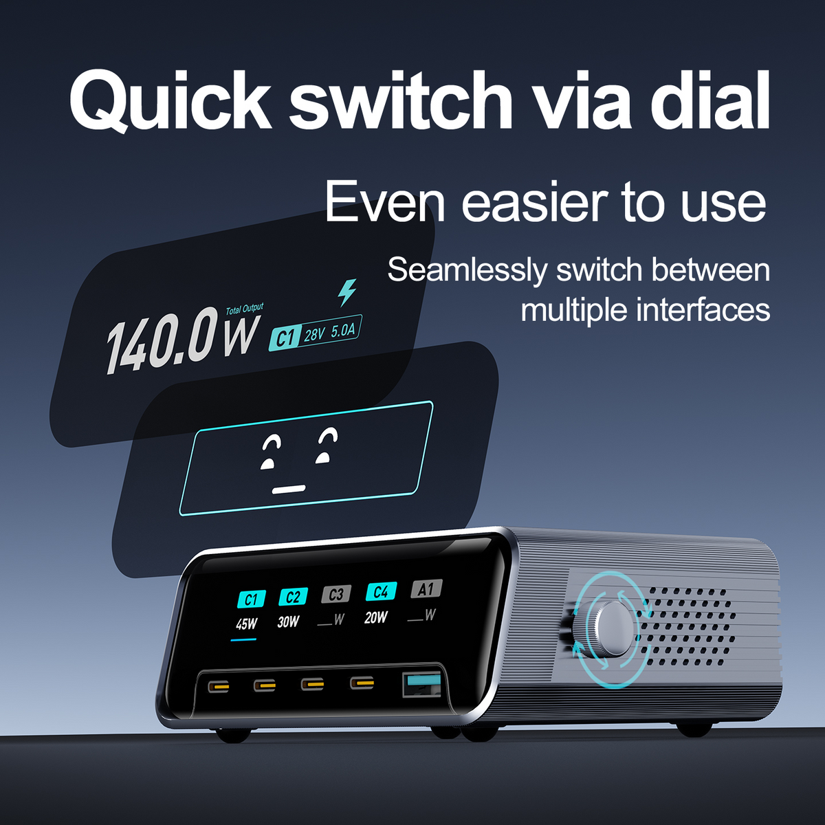 OEM Stationlader WLX-60G, 140W, 5A, 1 x USB-A - 4 x USB-C, Grijs
