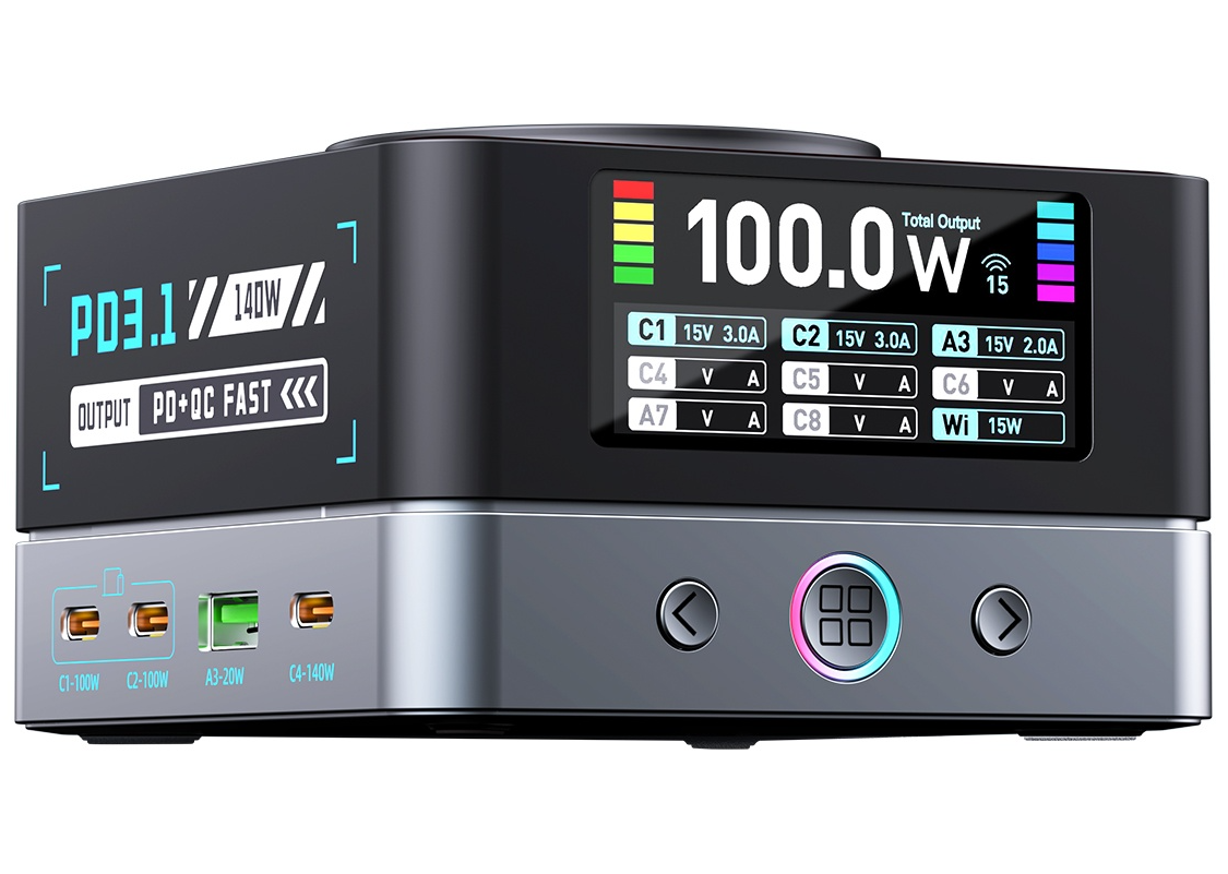 OEM Ladestation WLX-R8A QI Ladegerät, 140W, 5A, 2 x USB-A - 6 x USB-C, Grau