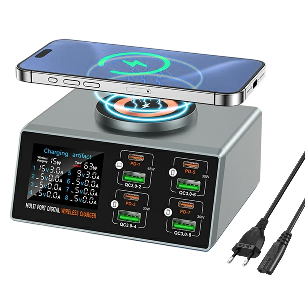 OEM Ladestation WLX-X9S QI, 140W, 3A, 4 x USB-A - 4 x USB-C, Silber