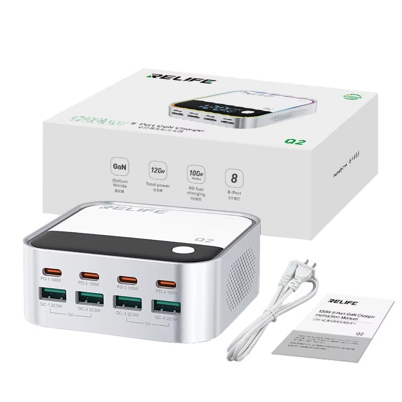 Chargeur Station Relife Q2, 120W, 5A, 4 x USB-A - 4 x USB-C, Argenté