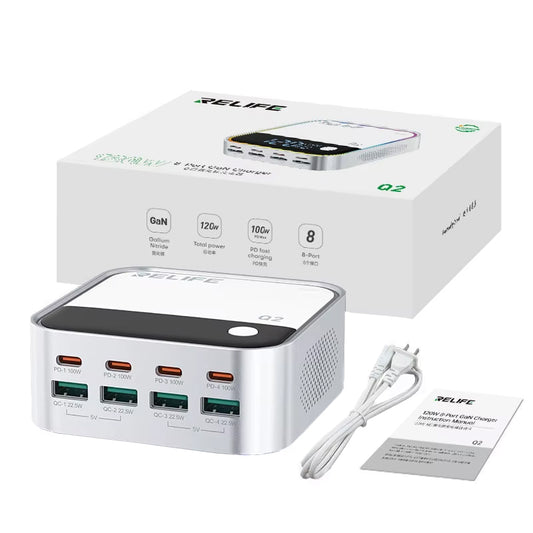 Oplaadstation Relife Q2, 120W, 5A, 4 x USB-A - 4 x USB-C, Zilver
