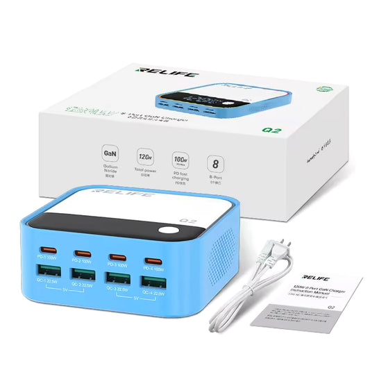 Oplaadstation Relife Q2, 120W, 5A, 4 x USB-A - 4 x USB-C, Blauw