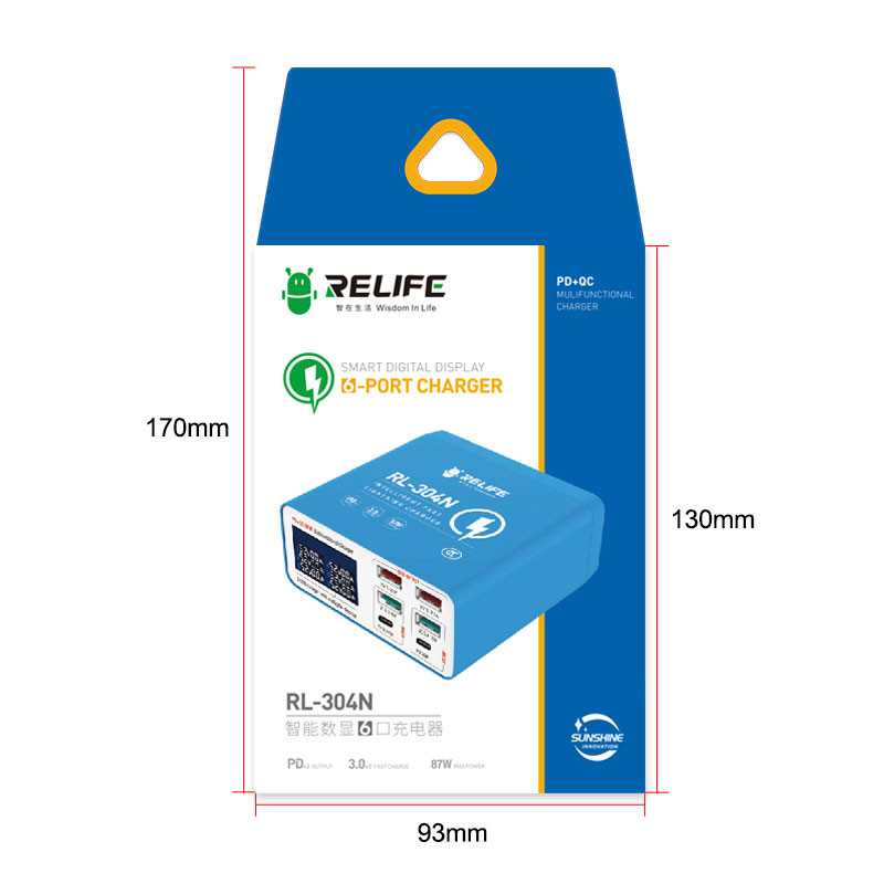 Opladerstation Relife RL-304N, 87W, 3A, 2 x USB-C - 4 x USB-A, Blauw