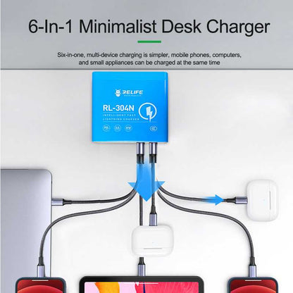 Opladerstation Relife RL-304N, 87W, 3A, 2 x USB-C - 4 x USB-A, Blauw