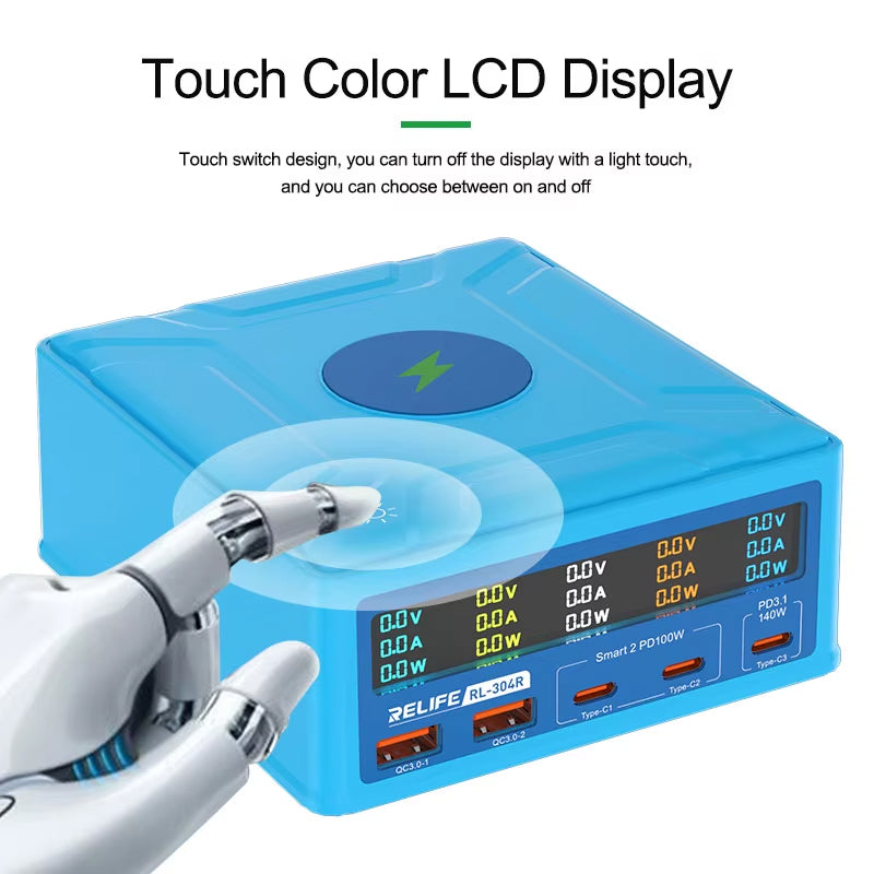 Chargeur Station Relife RL-304R QI, 260W, 3A, 2 x USB-A - 3 x USB-C, Bleu