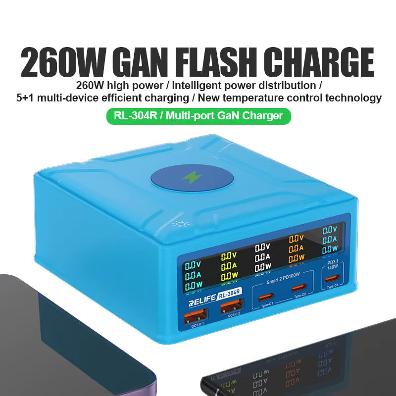 Chargeur Station Relife RL-304R QI, 260W, 3A, 2 x USB-A - 3 x USB-C, Bleu
