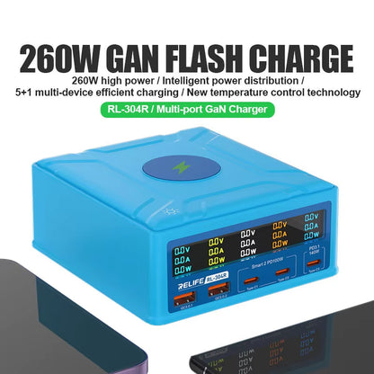Chargeur Station Relife RL-304R QI, 260W, 3A, 2 x USB-A - 3 x USB-C, Bleu