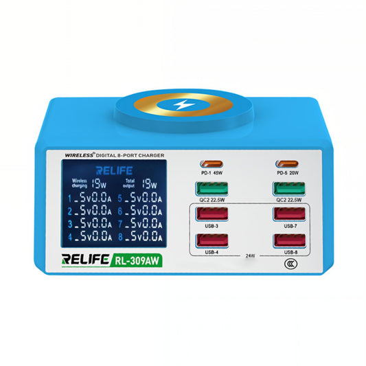 Opladerstation Relife RL-309AW, 100W, 5A, 2 x USB-C - 6 x USB-A, Blauw