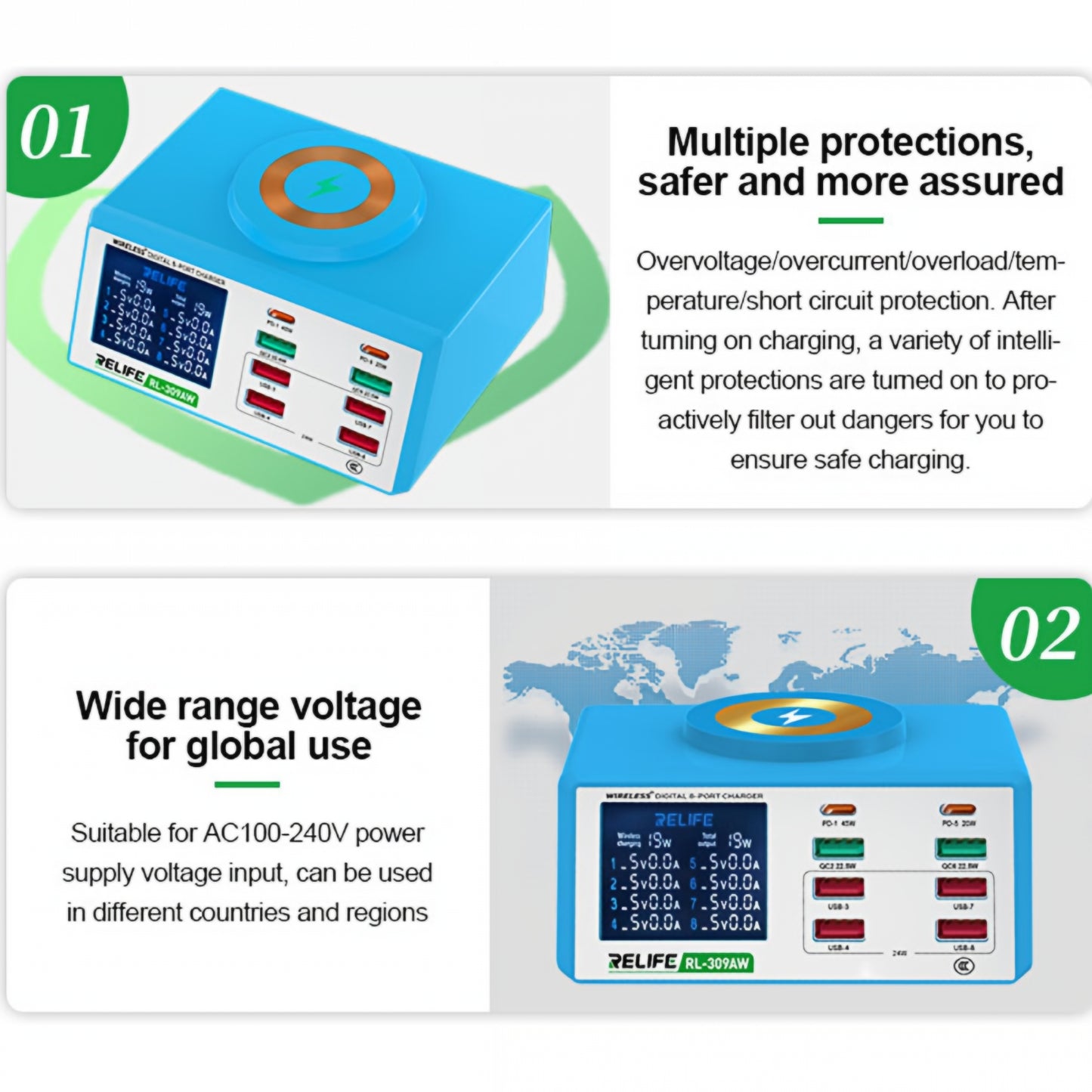 Chargeur Station Relife RL-309AW, 100W, 5A, 2 x USB-C - 6 x USB-A, Bleu