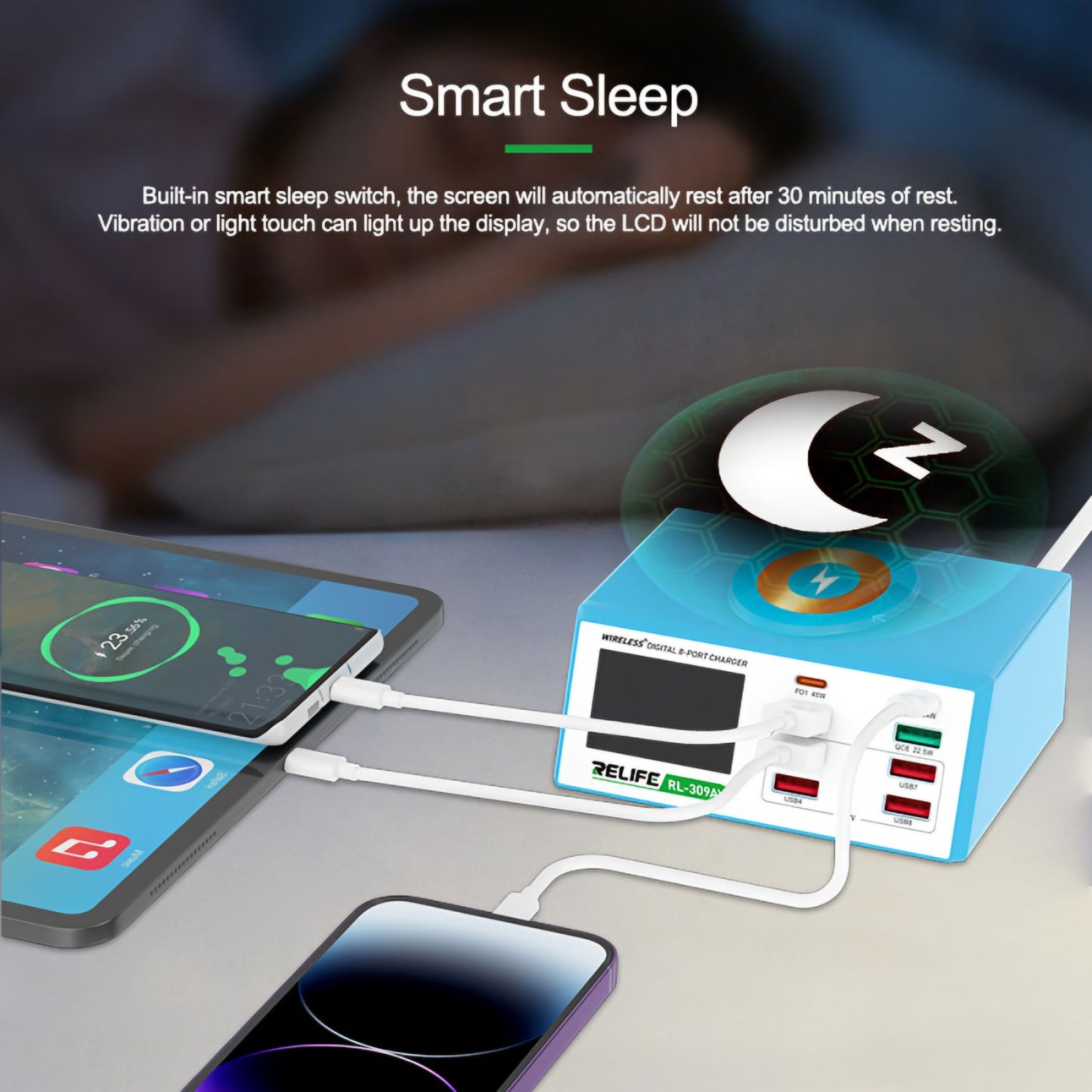 Chargeur Station Relife RL-309AW, 100W, 5A, 2 x USB-C - 6 x USB-A, Bleu