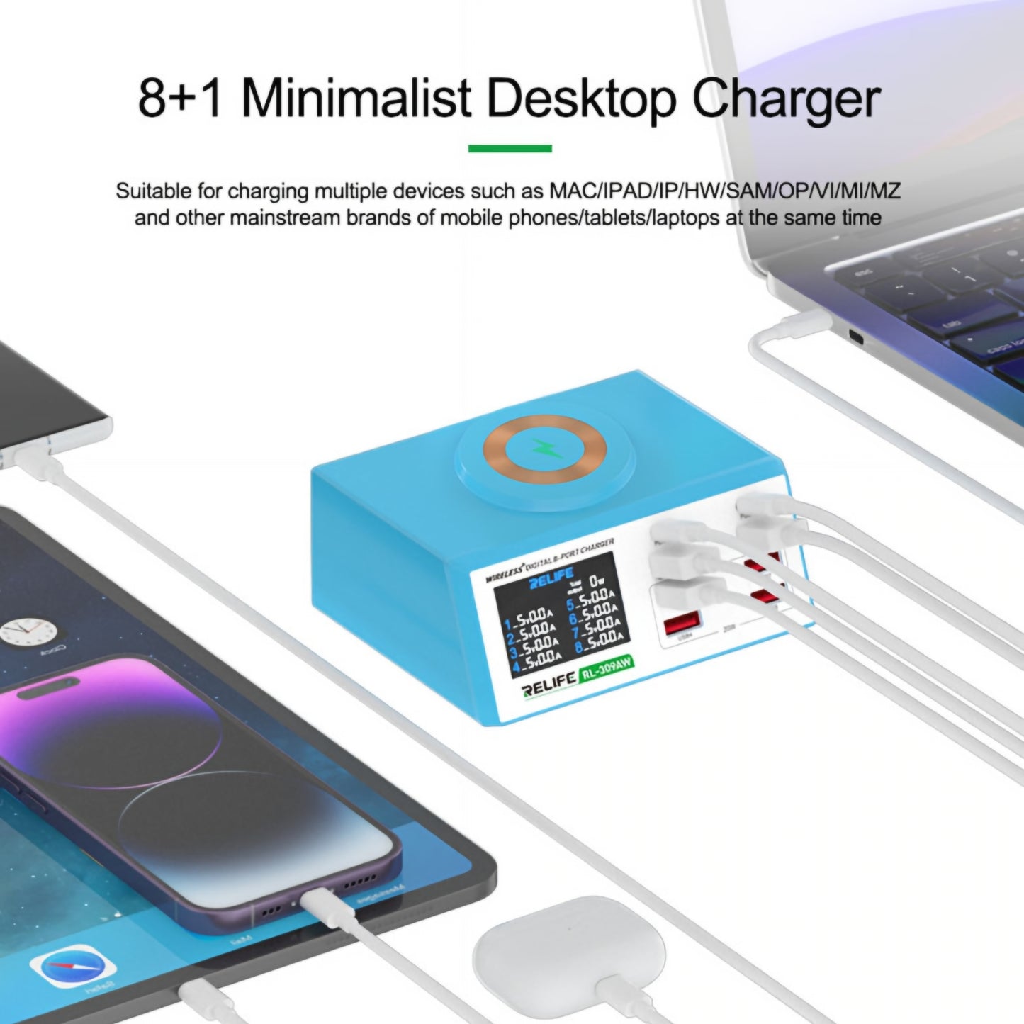 Chargeur Station Relife RL-309AW, 100W, 5A, 2 x USB-C - 6 x USB-A, Bleu